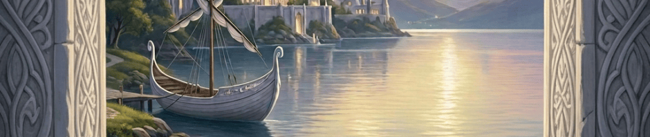 Traveler with walking staff beside lake facing a castle and mountains